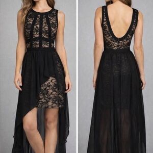 Morgan & Co. Black and Cream Lace High Low Dress